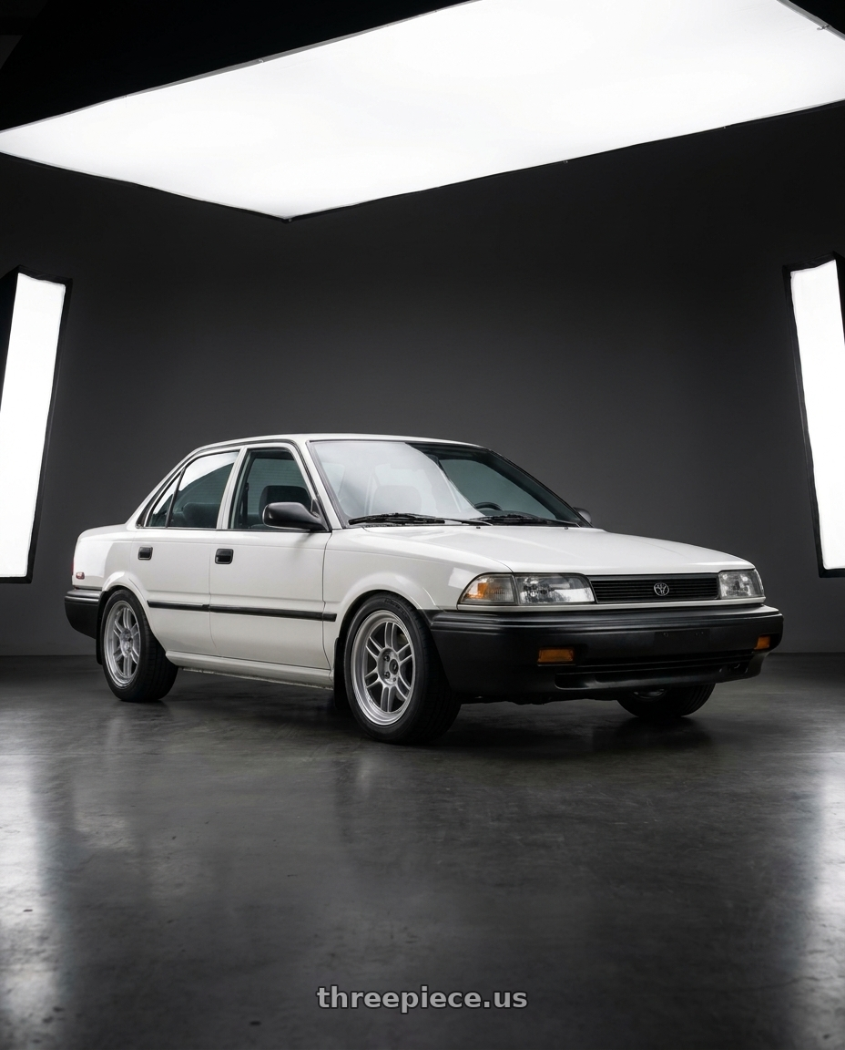 1990 Toyota Corolla with Enkei RPF1 4x100 15x7+35 Silver wheels front three quarter view lowered stance