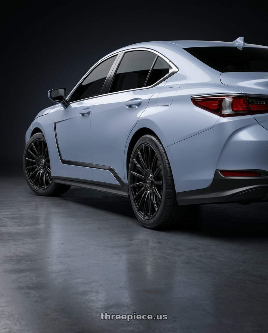 2026 Lexus ES300H with RAVETTI M18 5X100/5X114.3 17x7.5 +38 GLOSS BLACK wheels rear three quarter view square tires