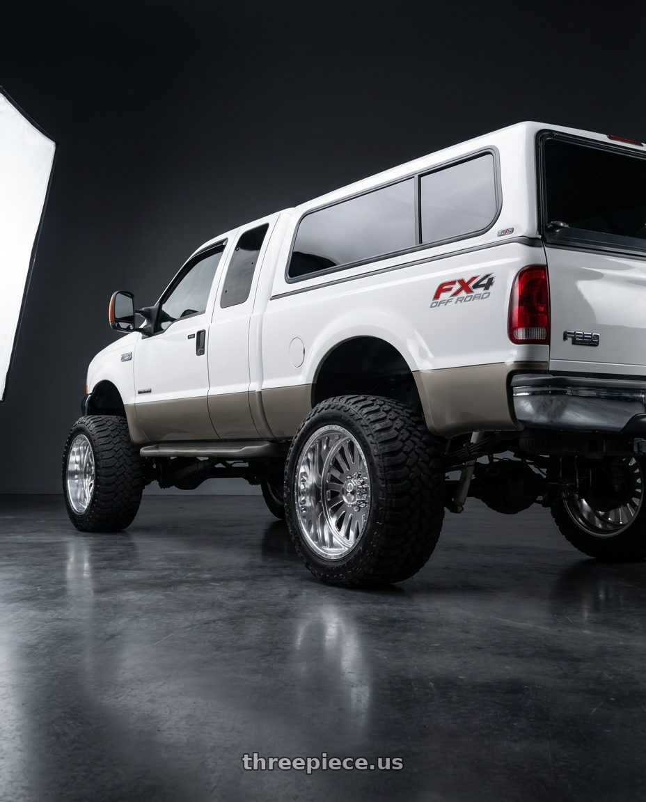 2004 Ford F250 with American Force 74 Octane SS 8X170 24X14 -73 POLISHED wheels rear three quarter view meaty tires