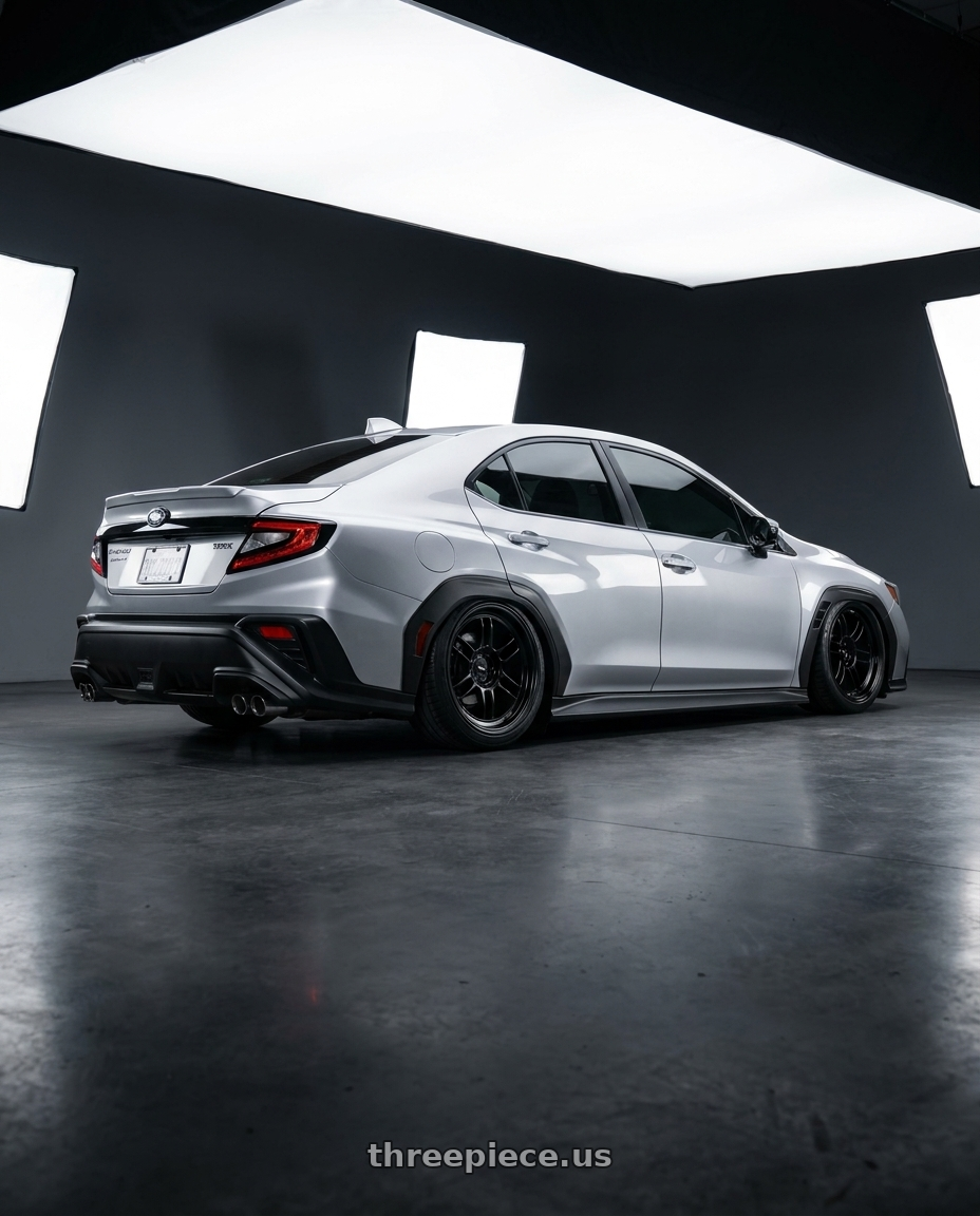 2026 Subaru, WRX Limited, Ice Sliver Metallic with Enkei RPF1 5x114.3 18x9+35 Black wheels rear three quarter view slight stretch tires