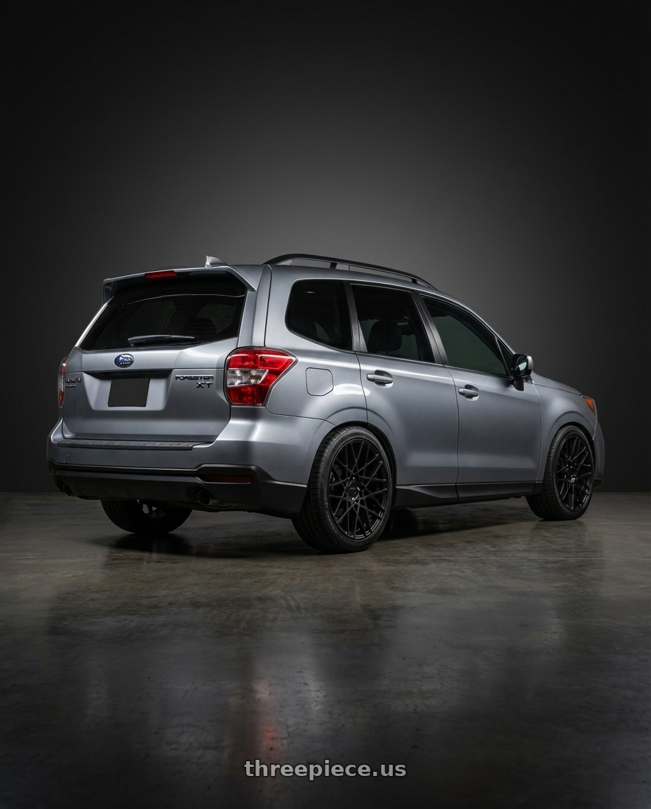 2017 subaru forester xt 2.0 touring metallic grey with Rotiform 1PC R112 BLQ 5X100 19X8.5 +35 MATTE BLACK wheels rear three quarter view slight stretch tires