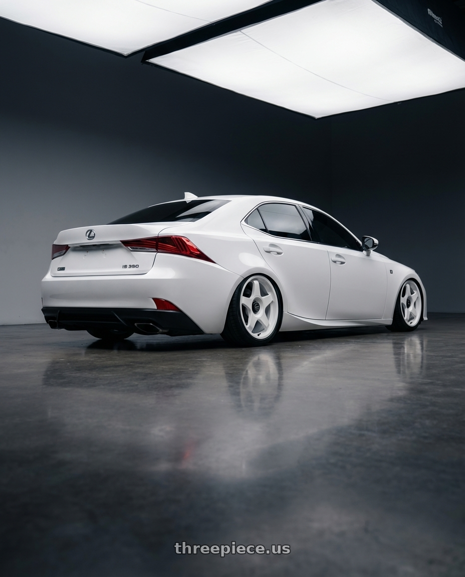 2018 Lexus IS 350 F Sport with fifteen52 CHICANE 5x114.3 / 5x120 19x8.5 +35 RALLY WHITE (GLOSS WHITE) wheels rear three quarter view slight stretch tires