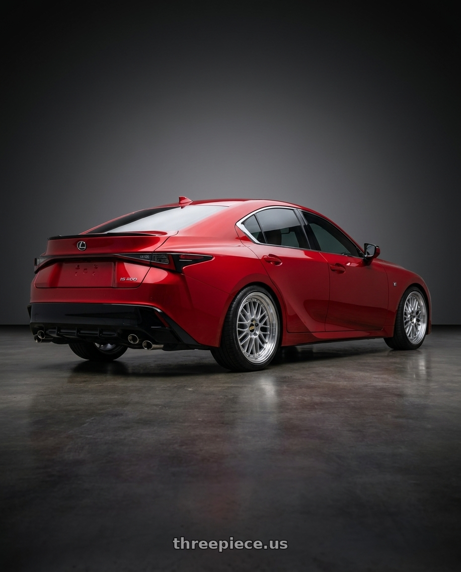 2023 Lexus IS500 with BBS LM 5x114.3 19x8.5+43 Diamond Silver wheels rear three quarter view square tires