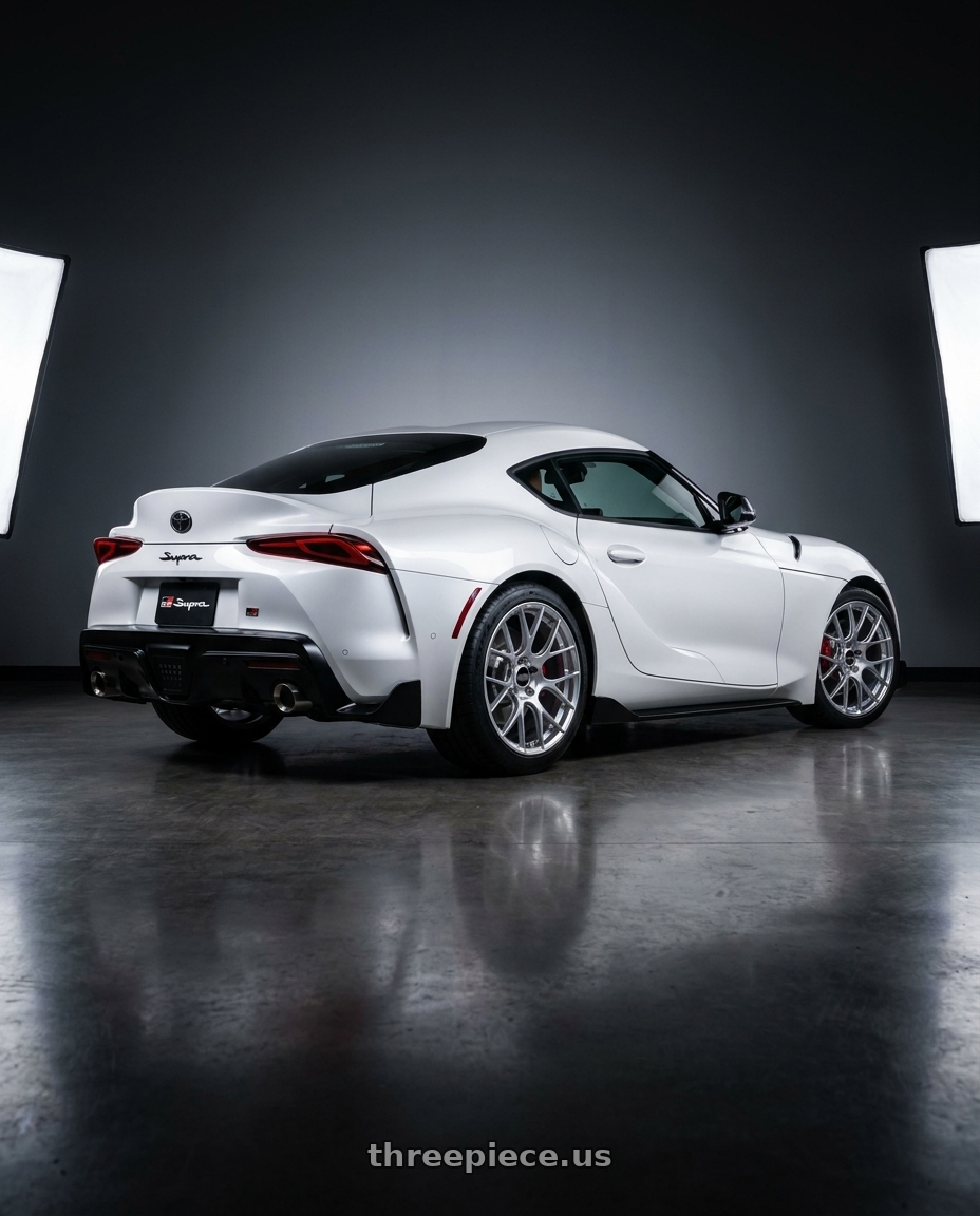 2022 TOYOTA GR SUPRA with BBS RE-V7 5x112 19x9.5 +25 Diamond Silver wheels rear three quarter view square tires