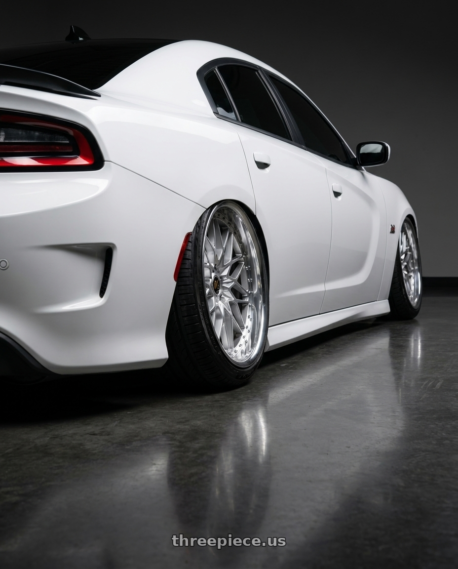 2021 Dodge Charger ScatPack with Work Vs-Xv 5x115 20x9.5+21 A Disk Silky Rich Silver wheels rear three quarter view extreme stretch tires
