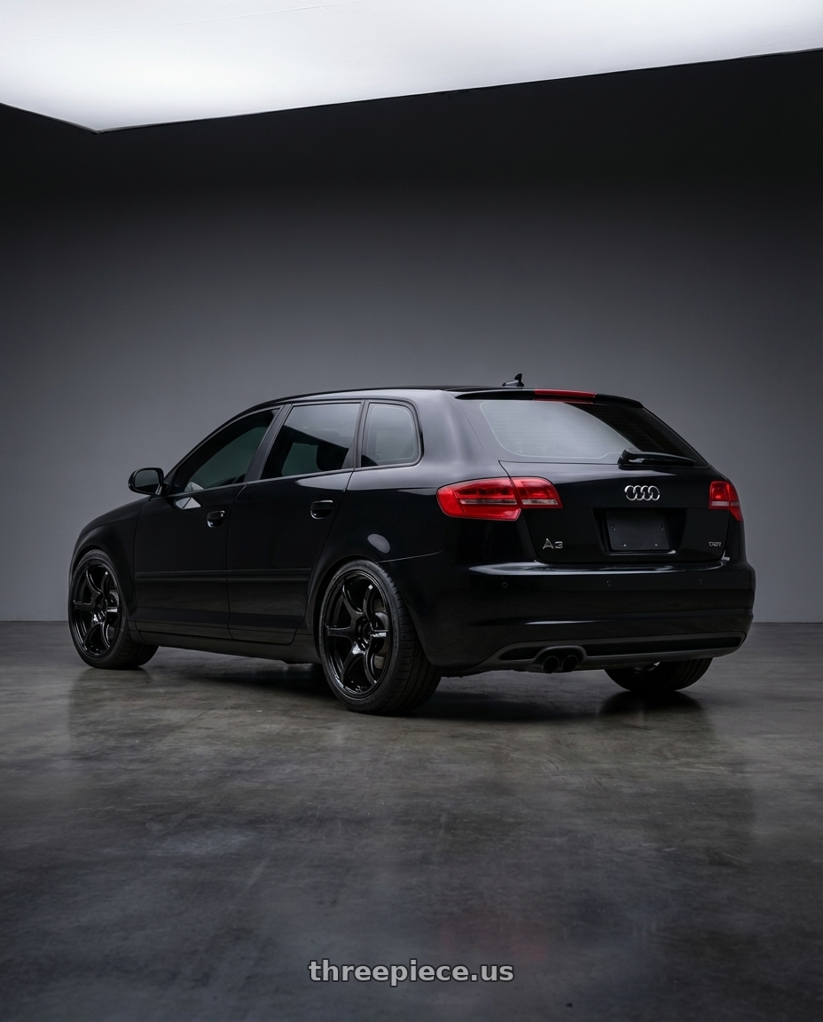 2012 Audi A3 8P with Advan RGIII 5x112 18x8+42 Gloss Black wheels rear three quarter view square tires