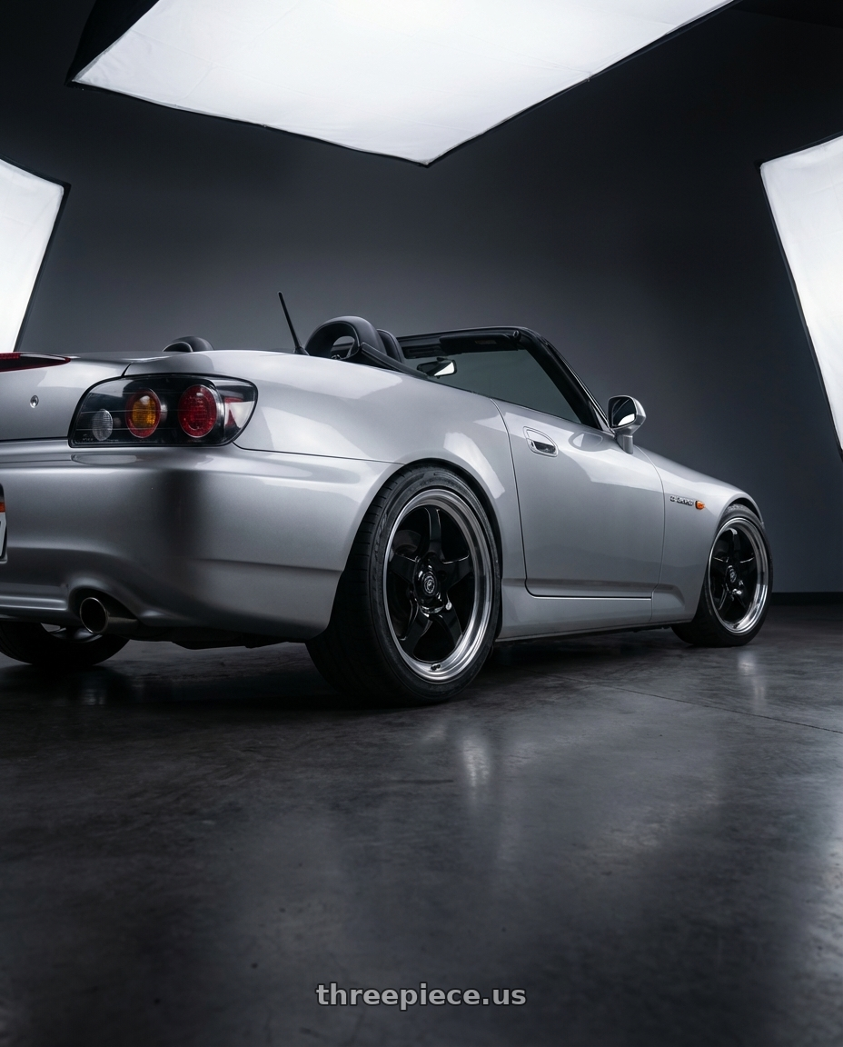 2009 Honda S2000 with Forgestar D5 Drag 5x114.3 17x10 +50 Gloss Black Machined wheels rear three quarter view square tires
