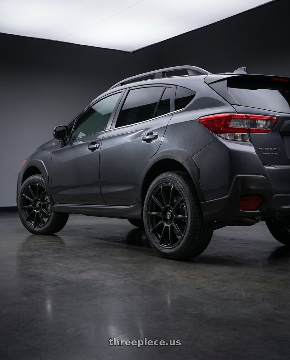 2021 Subaru Crosstrek Limited with Konig Control 5x100/5x114.3 18x8+45 Matte Black wheels rear three quarter view square tires