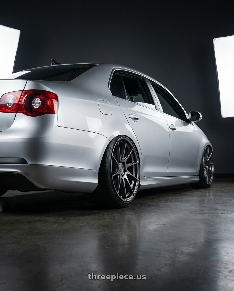 2009 Volkswagen Jetta GLI MK5 with Aodhan AH09 5x112 18x8.5 +35 Hyper Black wheels rear three quarter view slight stretch tires