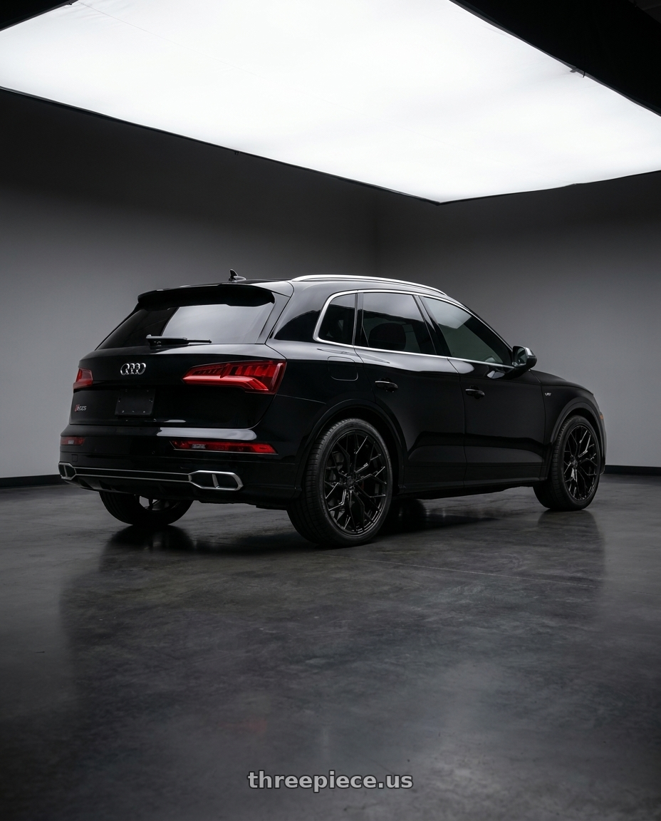2018 Audi sq5 with DOLCE PERFORMANCE ARIA 5x112 20x8.5 +28 Gloss Black wheels rear three quarter view square tires