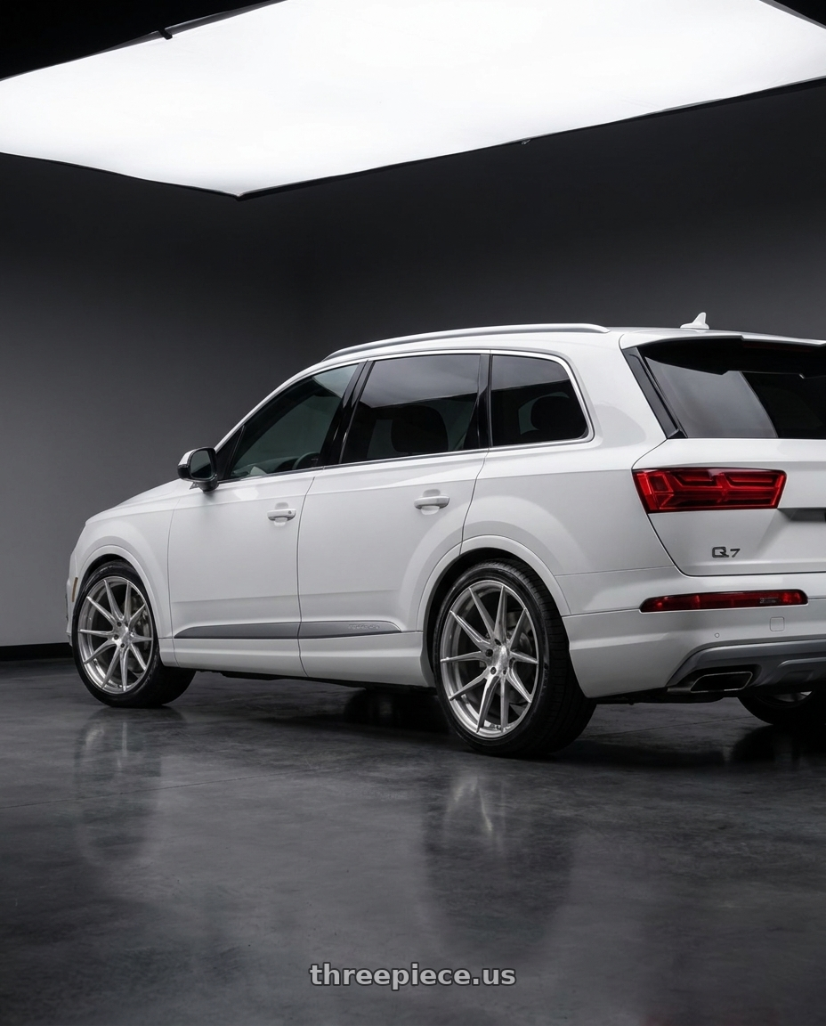 2019 audi q7 with Rohana RFX2 5x114.3 22x10.5+42 Brushed Titanium wheels rear three quarter view square tires
