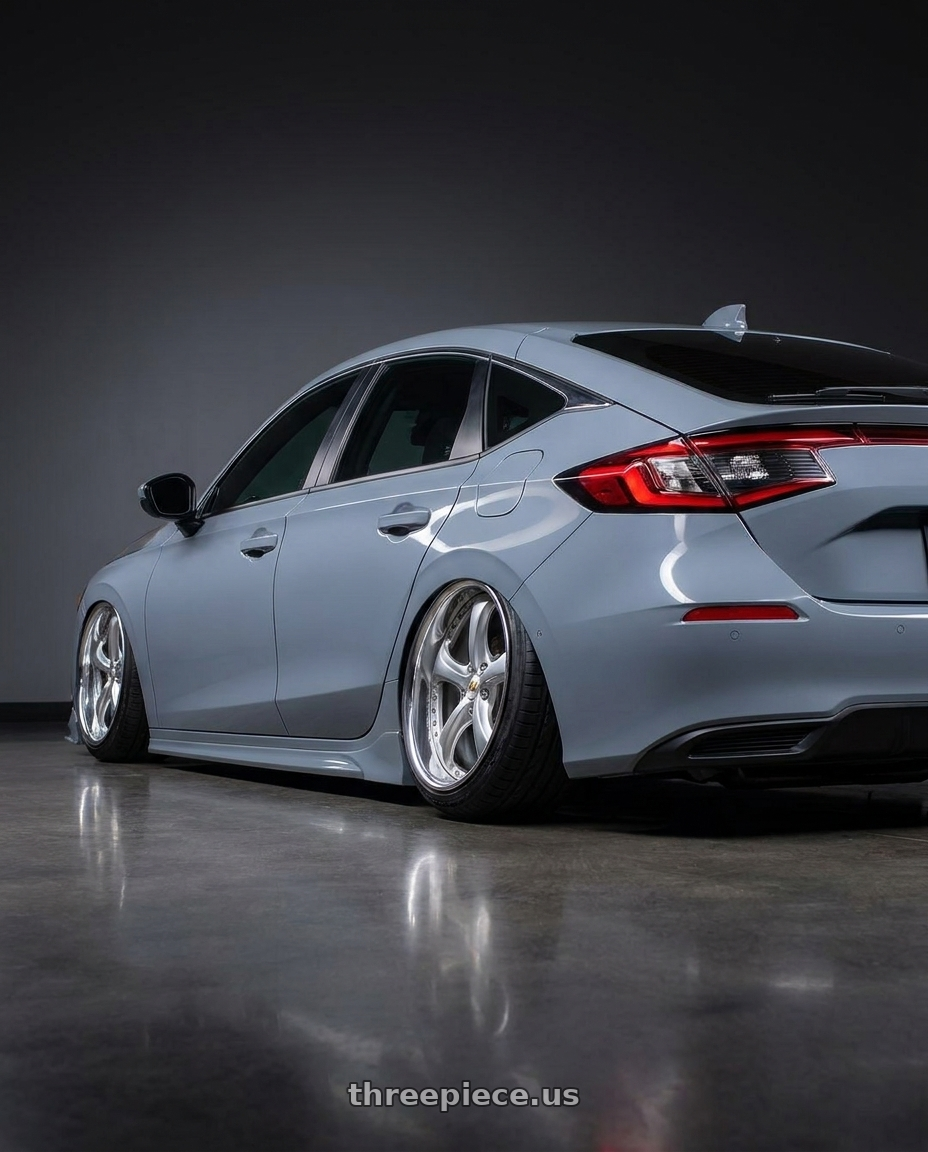 2023 Honda civic hatchback Sonic gray with Work Wheels VS-KF 5x114.3 18x8.5-16 Light Grey Silver L Disk FULL REVERSE wheels rear three quarter view slight stretch tires