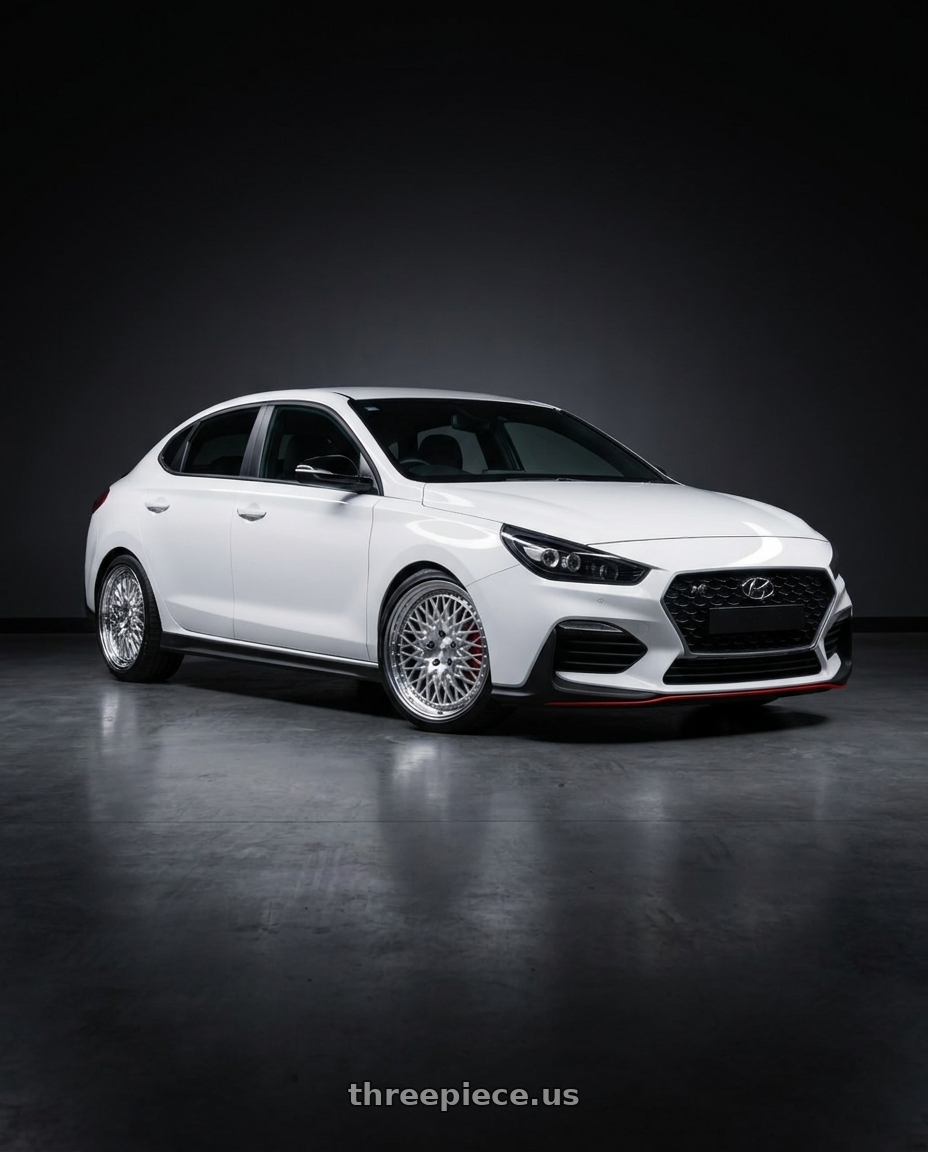 2022 hyundai i30n fastback white with Work Gran Seeker Ccx 5x114.3 19x8.5+45 O Disk Machined Silver Polish wheels