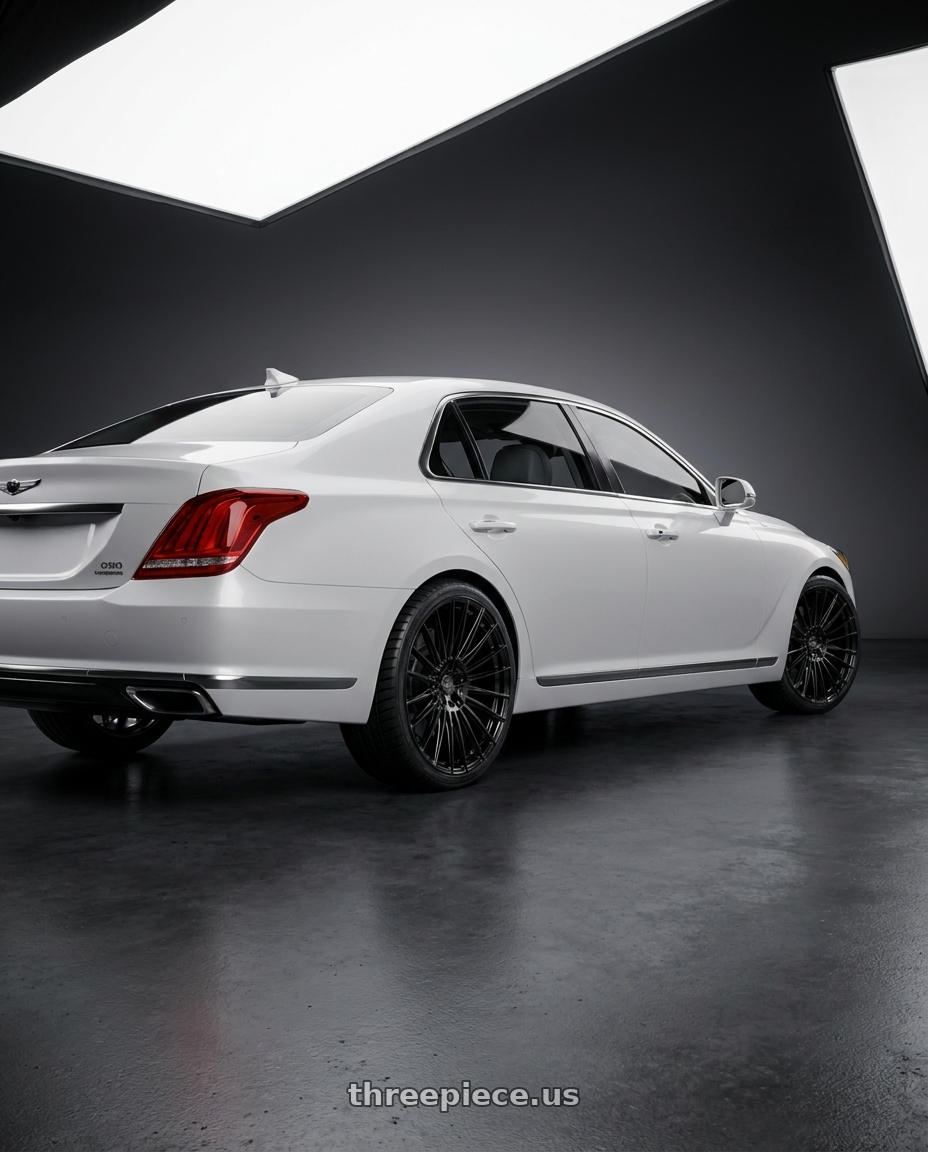 2018 genesis g90 ultimate with Arvano AV-54 5x115 22x9 +15 Gloss Black wheels rear three quarter view square tires