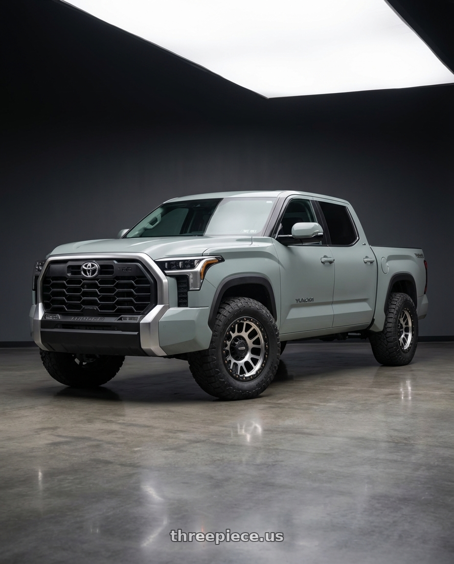 2024 Toyota Tundra with Vision Off-Road 111 Nemesis 6x139.7 20x9+12 Matte Black Machined Face wheels front three quarter view stock stance