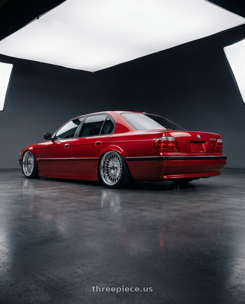 2001 bmw 740il with Work Emitz Chrome 5x120 19x9.5 +12 wheels rear three quarter view square tires