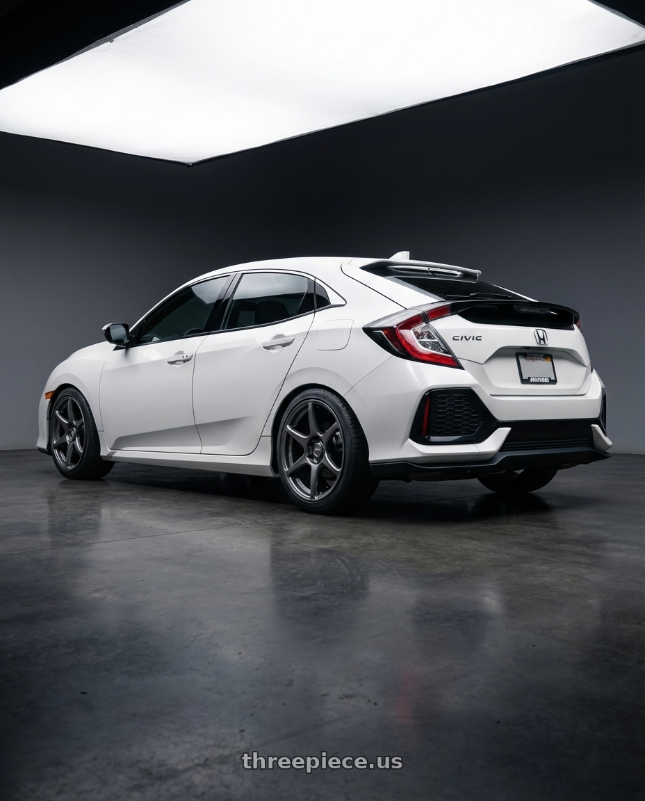 2019 Honda Civic with Kansei K11G Tandem 5x114.3 18x9 12 Gunmetal wheels rear three quarter view square tires