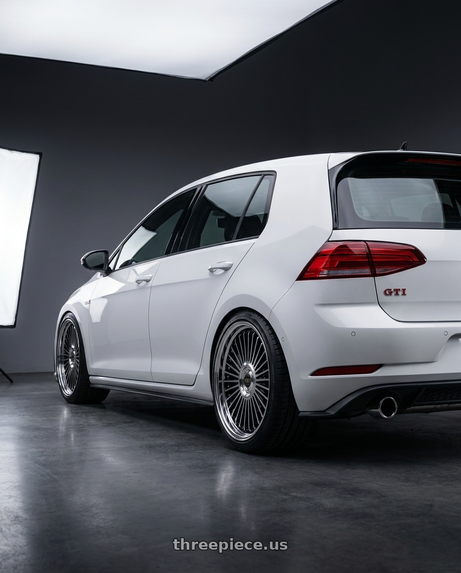 2021 Volkswagen GTI with Work Emitz Black Polish 5x112 19x7.5 +45 wheels rear three quarter view square tires