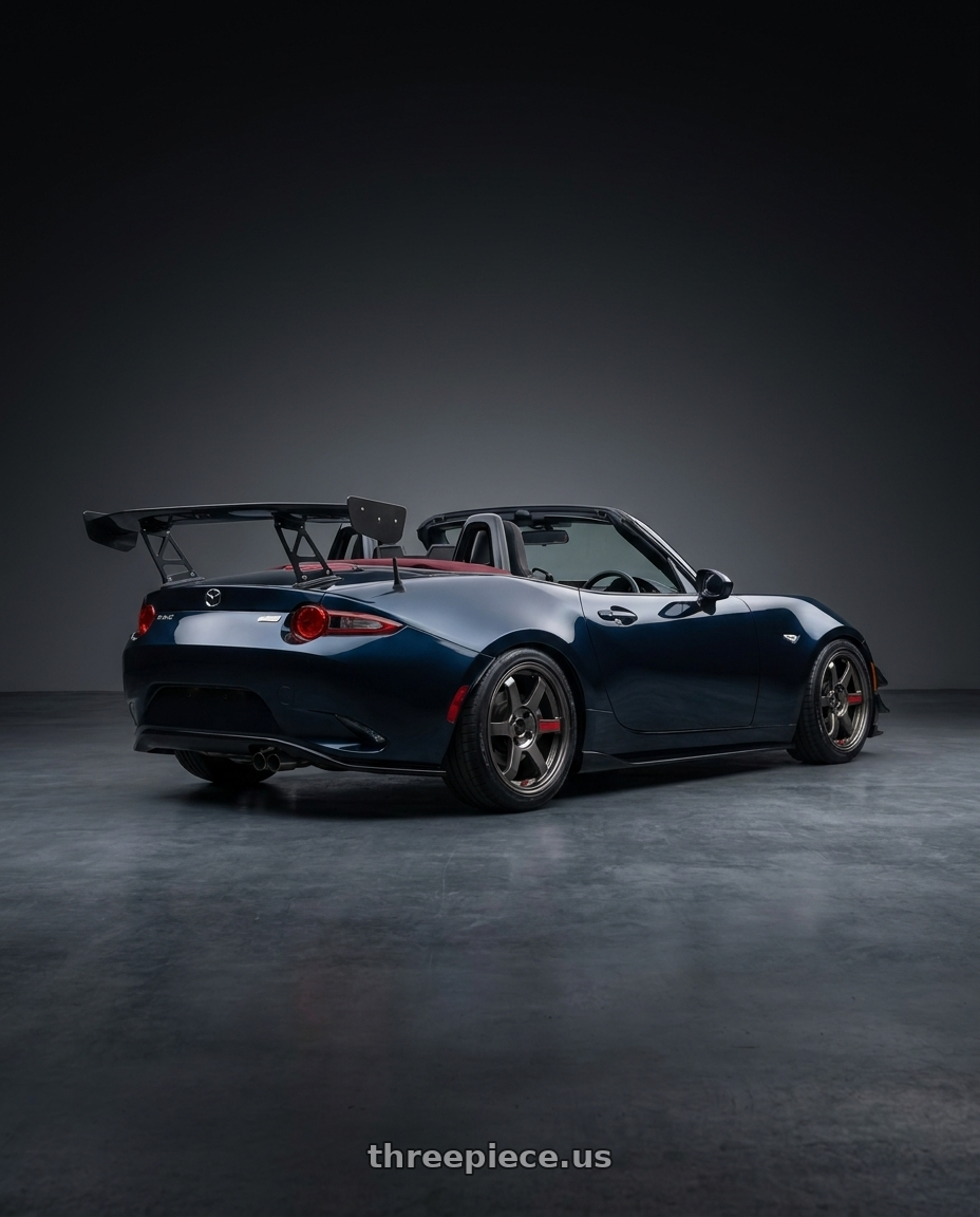 2021 Mazda Mx5  with Volk Racing TE37 Sonic SL 4x100 15x6.0+41 wheels rear three quarter view slight stretch tires
