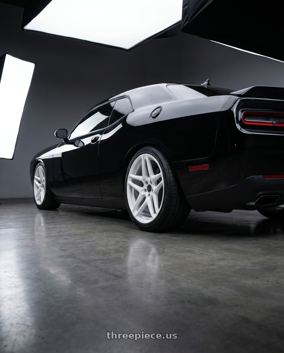 2015 dodge challenger with HERITAGE WHEEL EBISU MONOC 5x114.3 19x8.5 +35 WHITE wheels rear three quarter view square tires