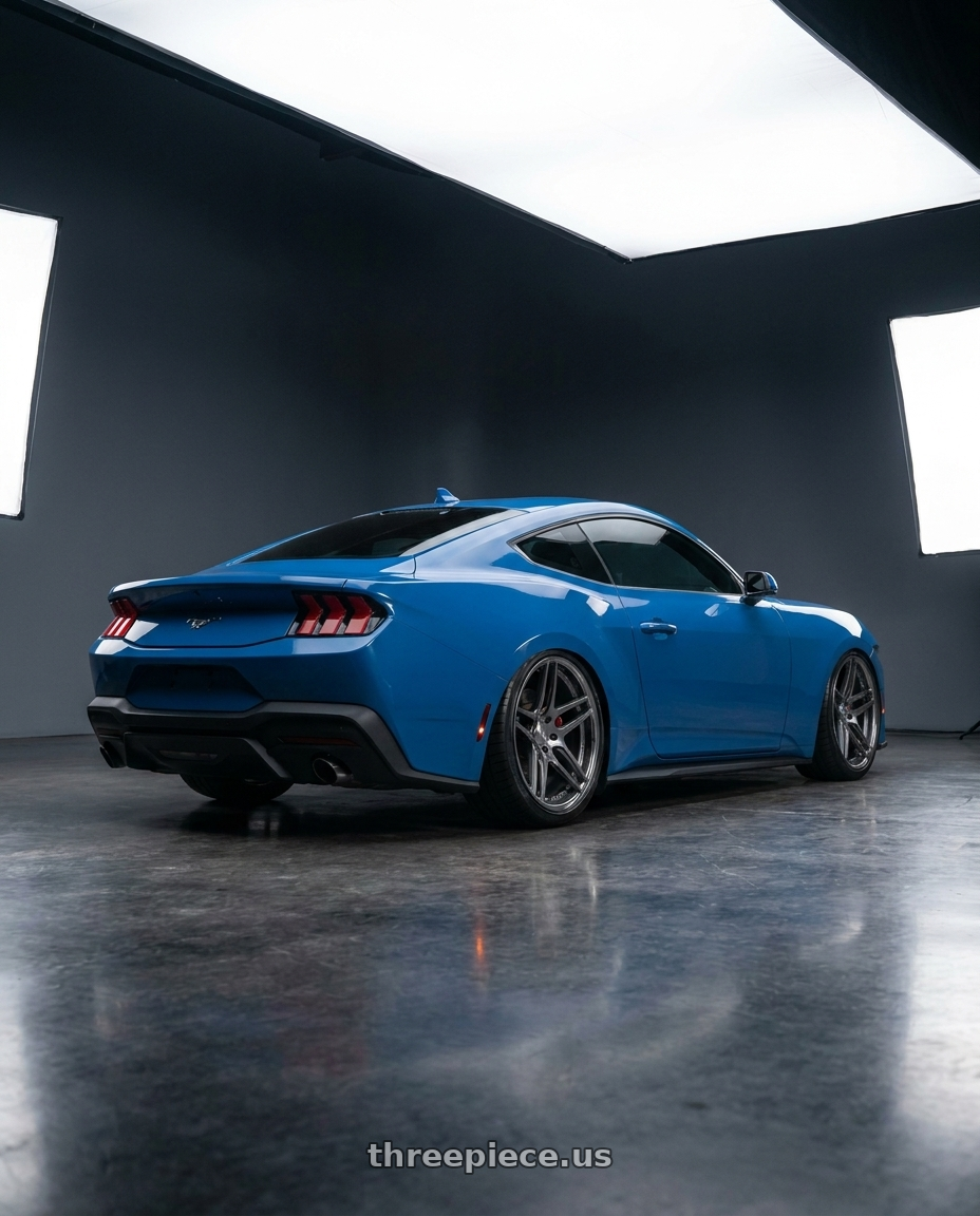 2024 mustang ecoboost with MRR RW2 5x114.3 20x10  +40 Black Chrome Lip wheels rear three quarter view slight stretch tires