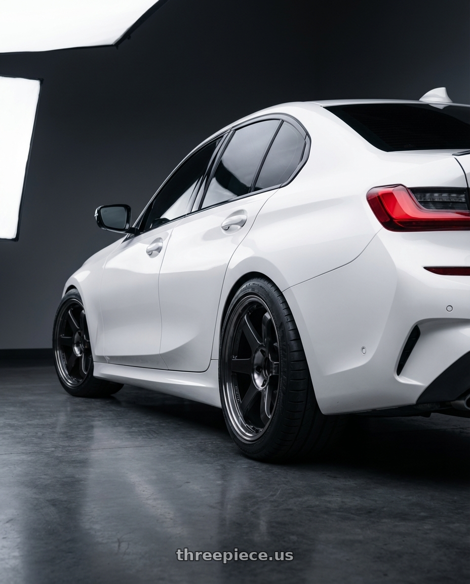 2020 bmw m340i with Volk Racing TE37SL 5x114.3 19x10.5+12 Pressed Double Black wheels rear three quarter view meaty tires