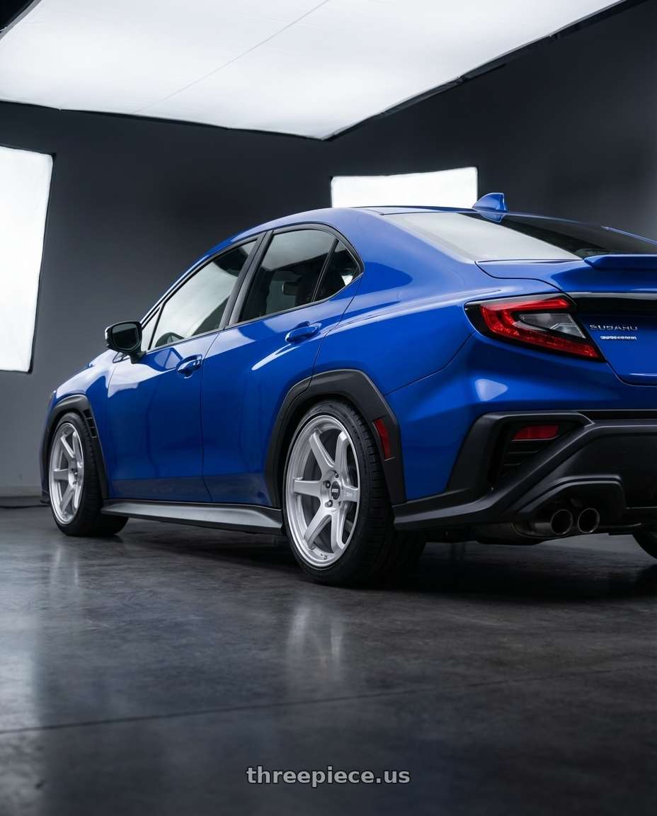 2024 Subaru WRX with ESR Wheels APEX SERIES AP6 5x114.3 18x8.5 +30 Hyper Silver wheels rear three quarter view square tires