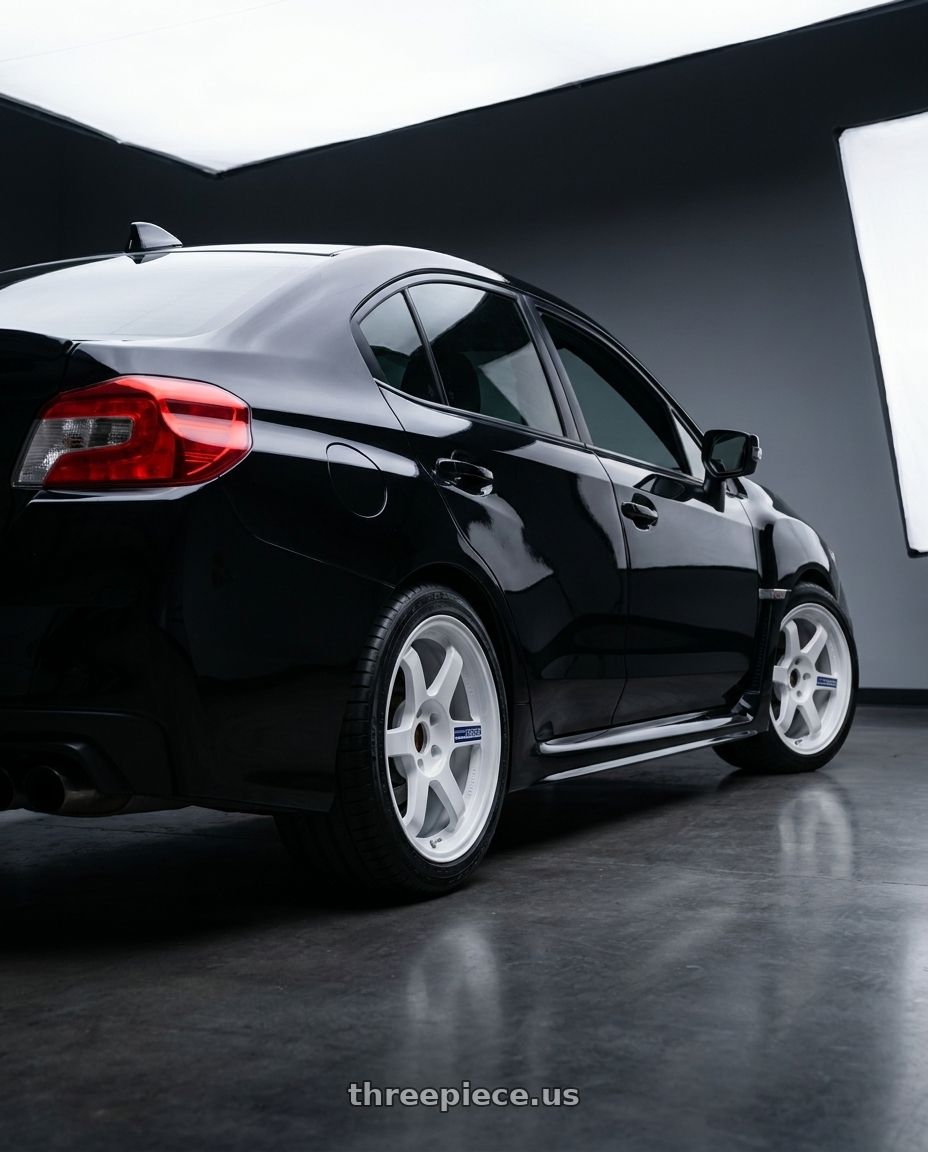 2015 WRX black with Volk Racing TE37 Gravel 5x114.3 15x7.0+35 White wheels rear three quarter view square tires