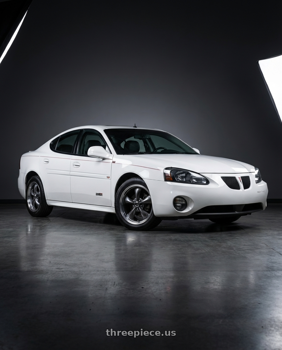 2004 Pontiac grand Prix white with American Racing AR105 TORQ THRUST M 5X120.65 17X9 +45 ANTHRACITE W/ MACHINED LIP wheels