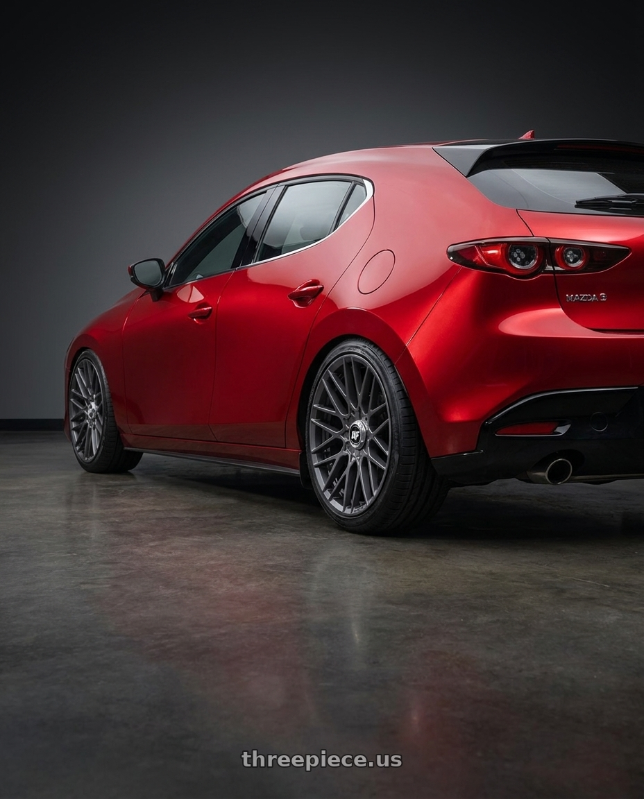 2024 Mazda 3 with Rotiform 1PC R141 RSE BLANK 19X8.5 +35 MATTE ANTHRACITE wheels rear three quarter view slight stretch tires