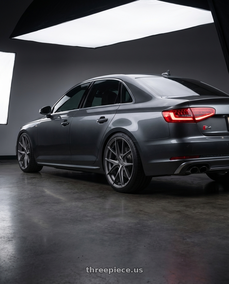2015 Audi S4 B8.5 with Niche 1PC M116 MISANO 5X112 19X8.5 +42 MATTE GUN METAL wheels rear three quarter view square tires