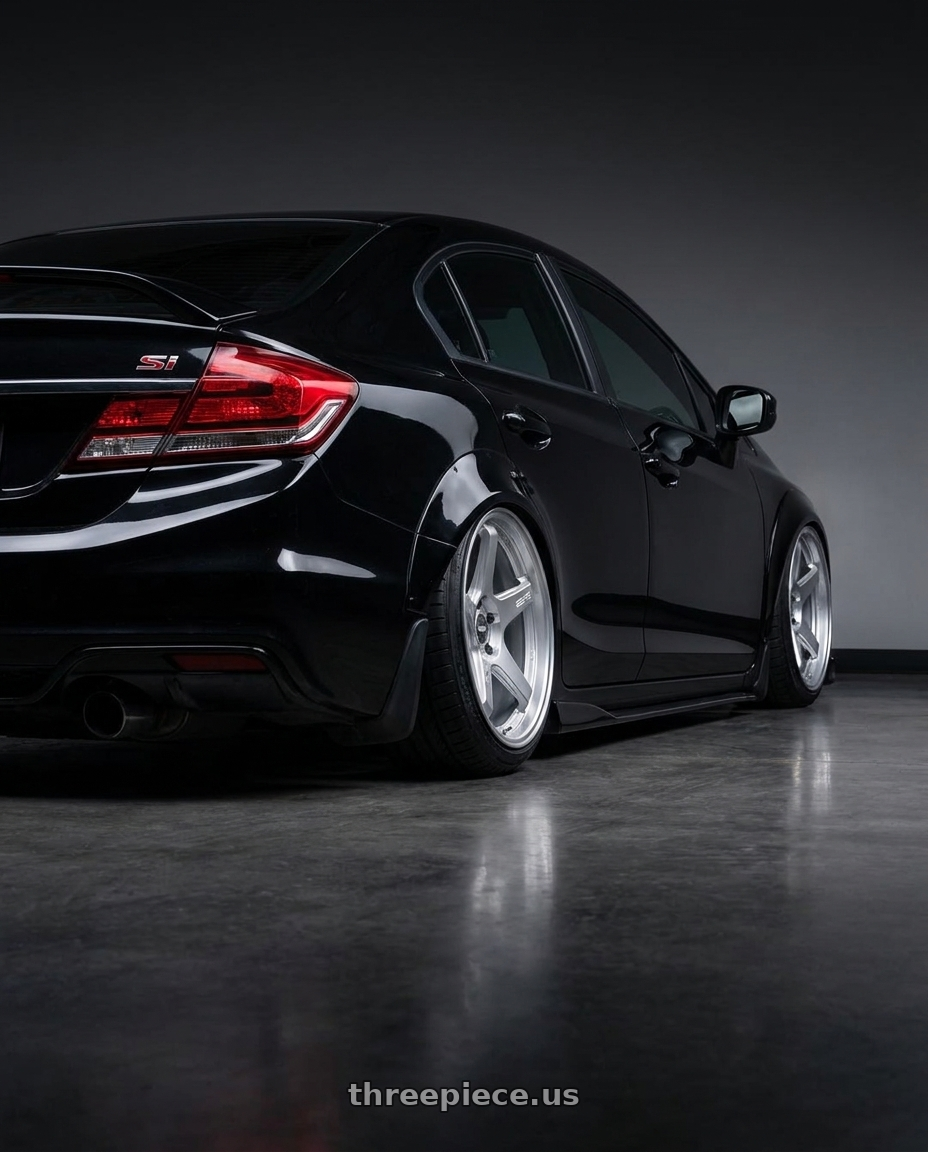 2015 honda civic si black with ESR Wheels APX5C 5x114.3 19x9.5 +35 Hyper Silver wheels rear three quarter view slight stretch tires
