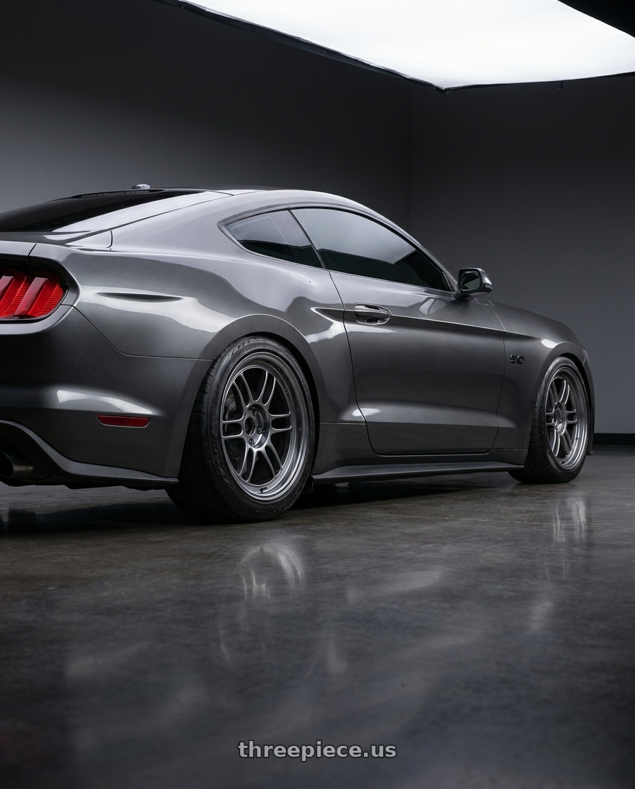 2016 ford mustang with Enkei RPF1 4x100 15x8+28 SBC wheels rear three quarter view slight stretch tires