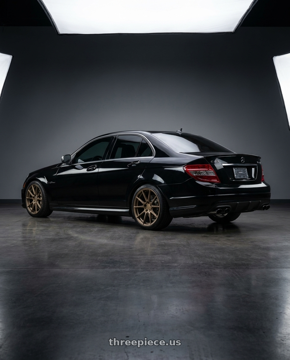 2009 Mercedes C63 with Aodhan AFF7 5x112 19x8.5+35 Matte Bronze wheels rear three quarter view square tires