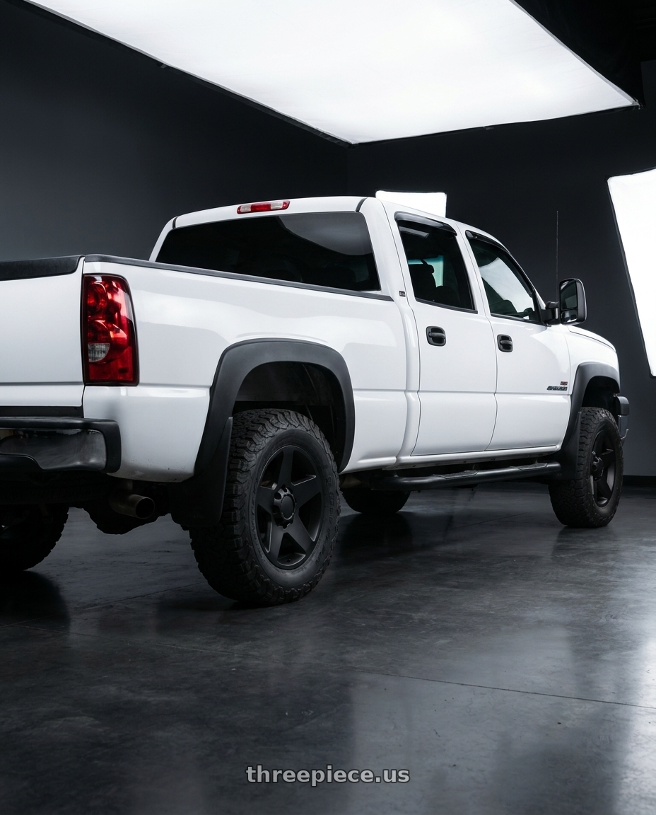 2006 chevy silverado 2500 with OE Wheels CV91A 8x165.1 20x8.5+12 Satin Black wheels rear three quarter view square tires