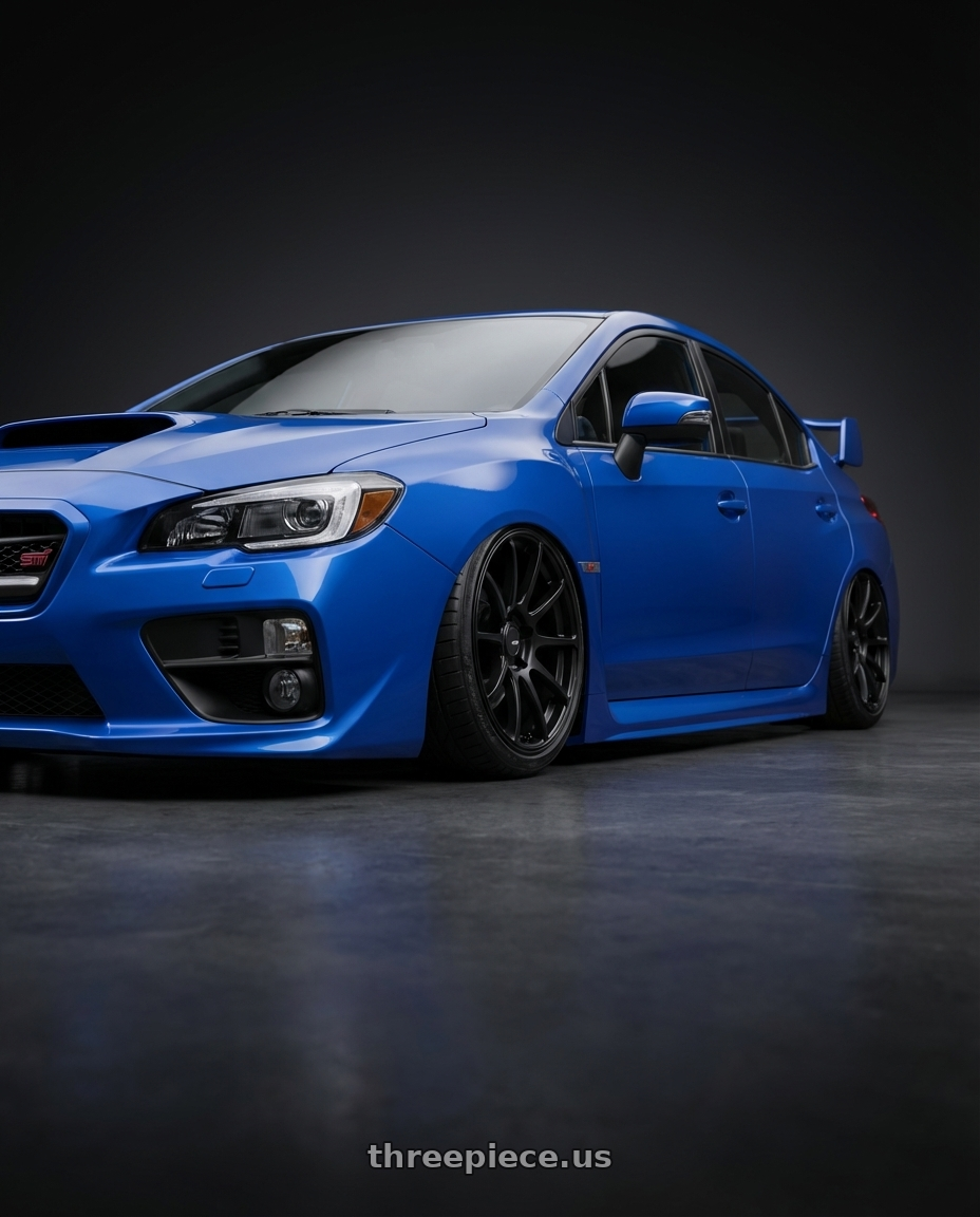 2013 Subaru WRX STI with Ssr Gtv02 5x114.3 18x9+45  FLAT BLACK wheels front three quarter view stanced stance