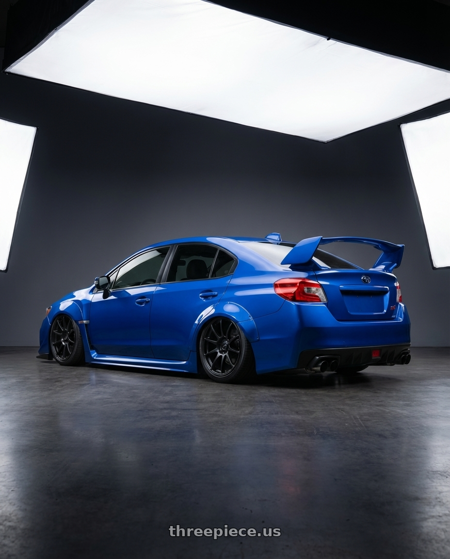 2013 Subaru WRX STI with Ssr Gtv02 5x114.3 18x9+45  FLAT BLACK wheels rear three quarter view slight stretch tires