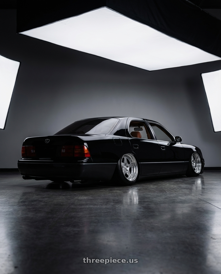 1999 Lexus LS400 with BBS Super-RS 5x112 19x9.0+42 Silver wheels rear three quarter view slight stretch tires