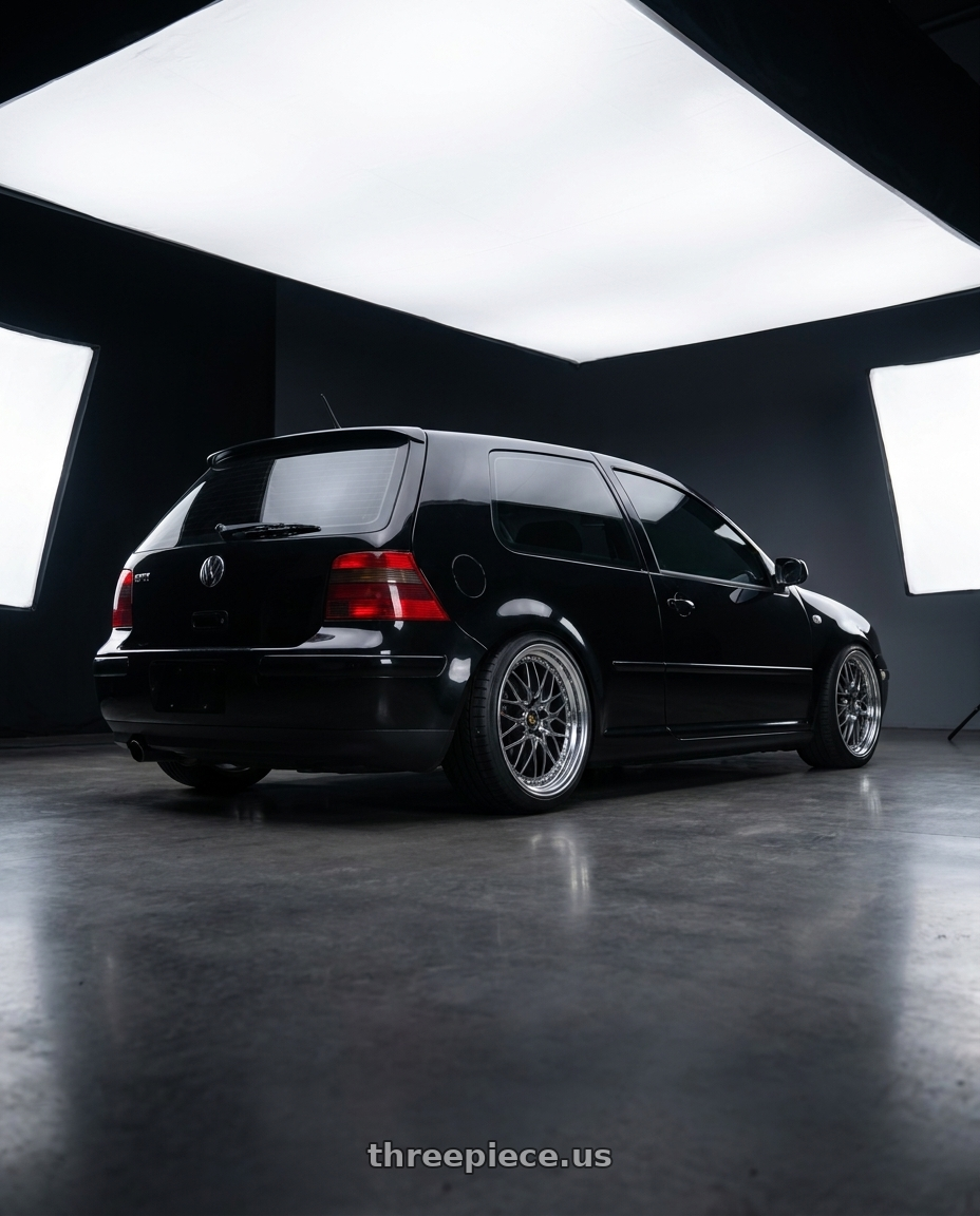 2005 VW GTI with Work Vs-Xv 5x100 18x8.5+34 A Disk Brilliant Silver Black wheels rear three quarter view square tires