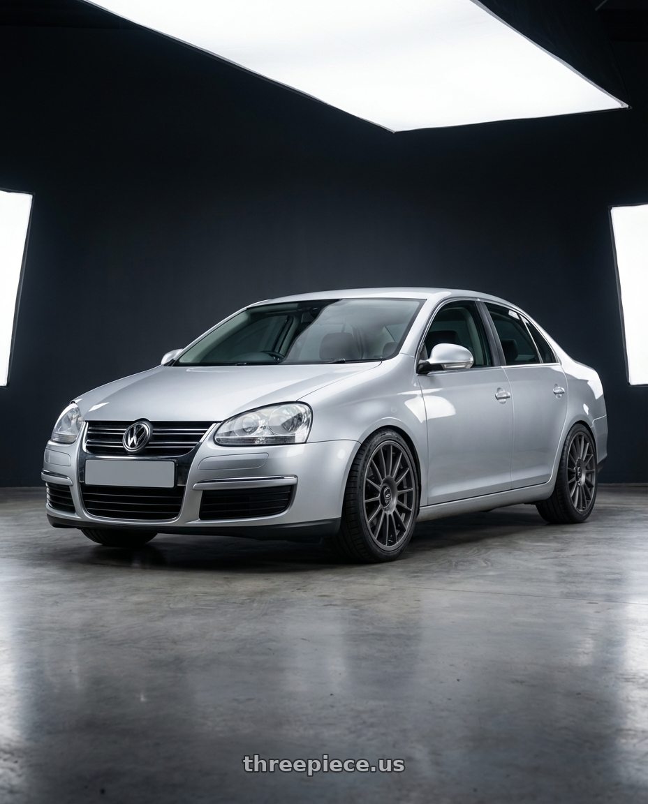 2009 Volkswagen Jetta GLI MK5 with fifteen52 PODIUM 5x112 / 5x120 18x8.5 +35 FROSTED GRAPHITE (SATIN GREY) wheels front three quarter view lowered stance