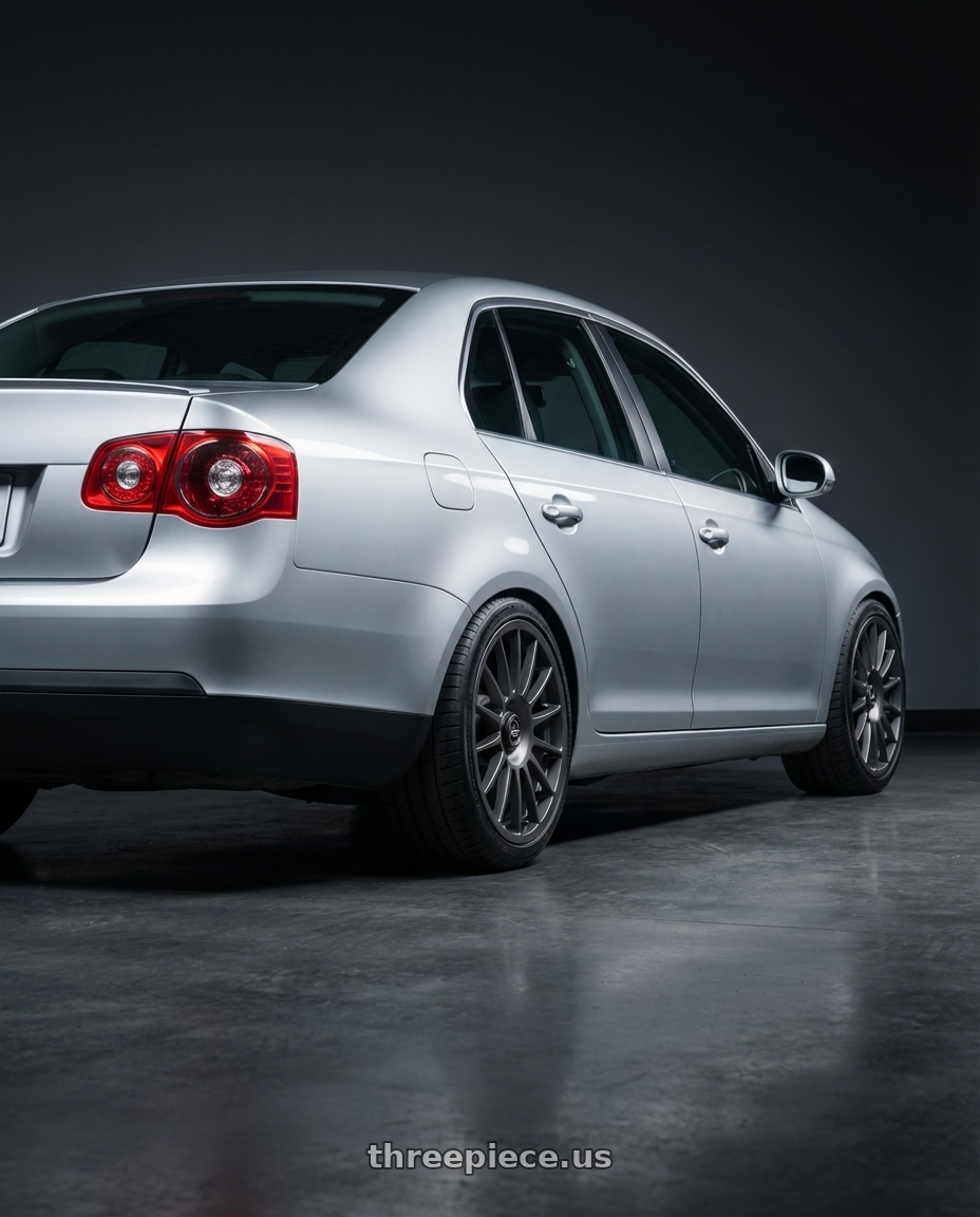 2009 Volkswagen Jetta GLI MK5 with fifteen52 PODIUM 5x112 / 5x120 18x8.5 +35 FROSTED GRAPHITE (SATIN GREY) wheels rear three quarter view square tires