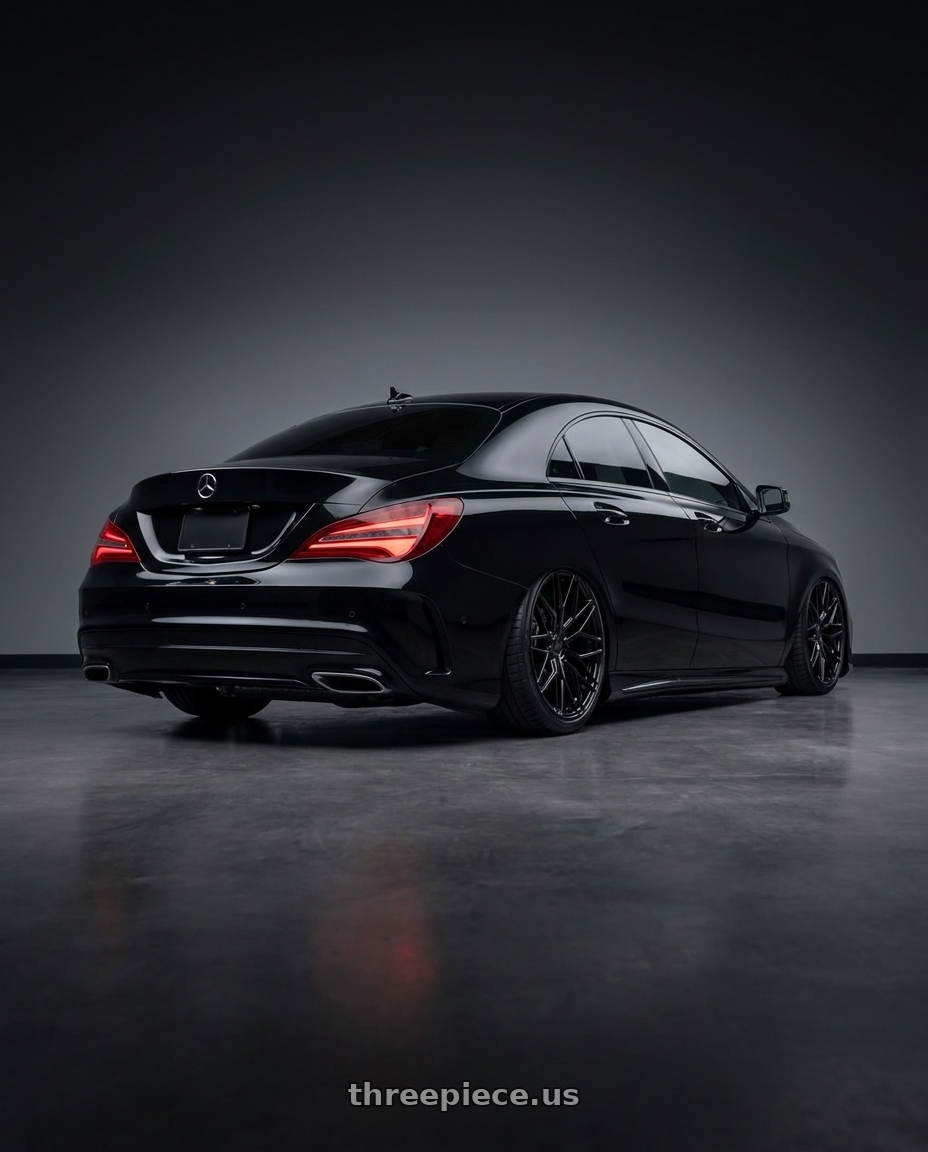 2018 Mercedes-Benz CLA C117 with Avant Garde Wheels M520R 5X112 19x8.5 +35 Gloss Black wheels rear three quarter view slight stretch tires