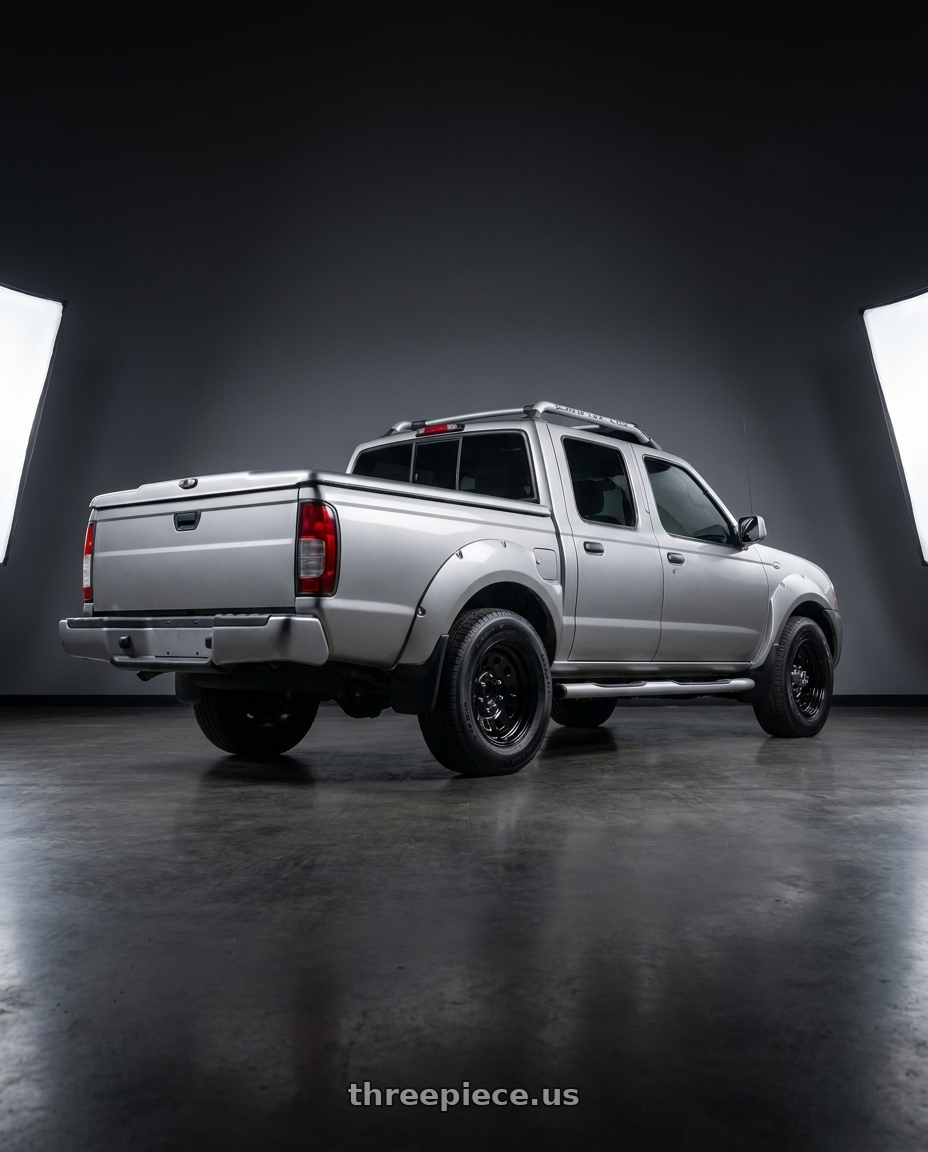 2001 Nissan frontier with Vision HD 84H 6x139.7 15x7-6 Gloss Black wheels rear three quarter view square tires