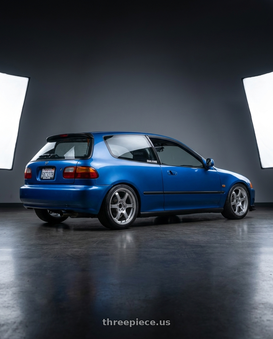 1993 Honda civic dx with Gram Lights 57DR 4x100 15x8+35 Grace Silver wheels rear three quarter view square tires