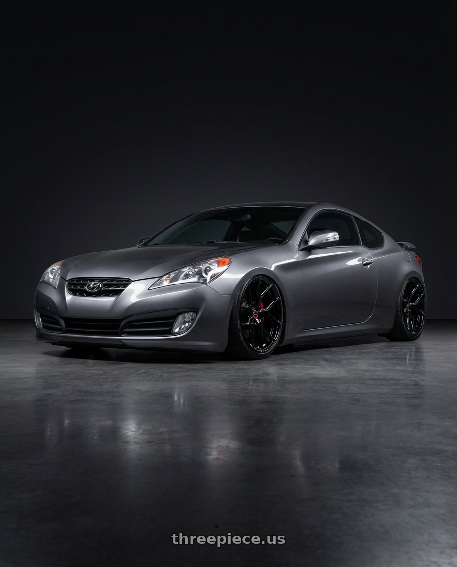 2014 Hyundai Genesis Coupe with Vossen HF-5 19x9.5 / 5x114.3 / ET40 / Deep Face / 73.1 - Gloss Black Wheel - HF5-9N63 wheels front three quarter view stanced stance