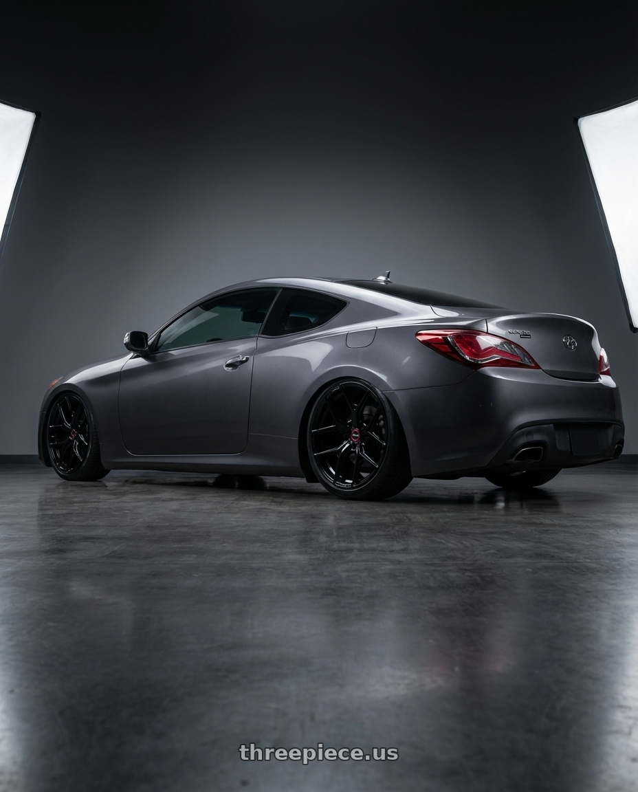 2014 Hyundai Genesis Coupe with Vossen HF-5 19x9.5 / 5x114.3 / ET40 / Deep Face / 73.1 - Gloss Black Wheel - HF5-9N63 wheels rear three quarter view slight stretch tires