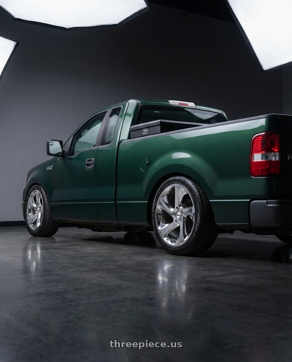 2008 f150 xl forest green  with Shift Strut 5x114.3 17x8 +35 Chrome wheels rear three quarter view slight stretch tires