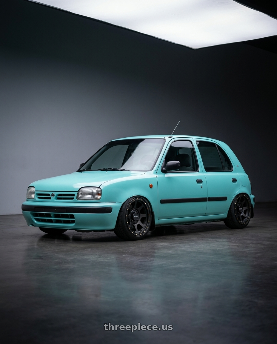 1996 NISSAN MARCH Tiffany Blue with KMC Powersports KS134 ADDICT 2 4X156 14X7 +10 SATIN BLACK wheels