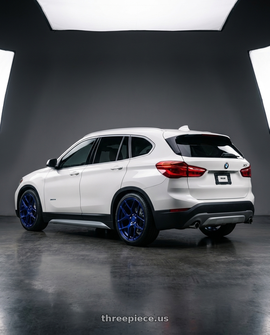 2018 Bmw X1 Sdrive with MRR FS1 5x130 18x8.5  +45 Candy Blue wheels rear three quarter view square tires
