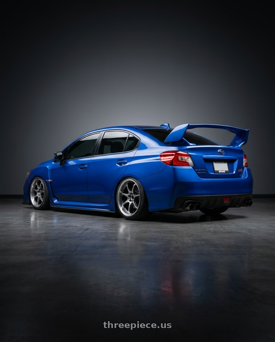 2017 Subaru wrx sti  with Work Emotion D9r 5x100 18x10.5 +15 Gt Silver Rim Cut wheels rear three quarter view square tires